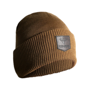 Cuffed Leather Patch Beanie – Khaki
