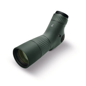 Olive green rifle scope lying diagonally, objective lens on the left and eyepiece on the right