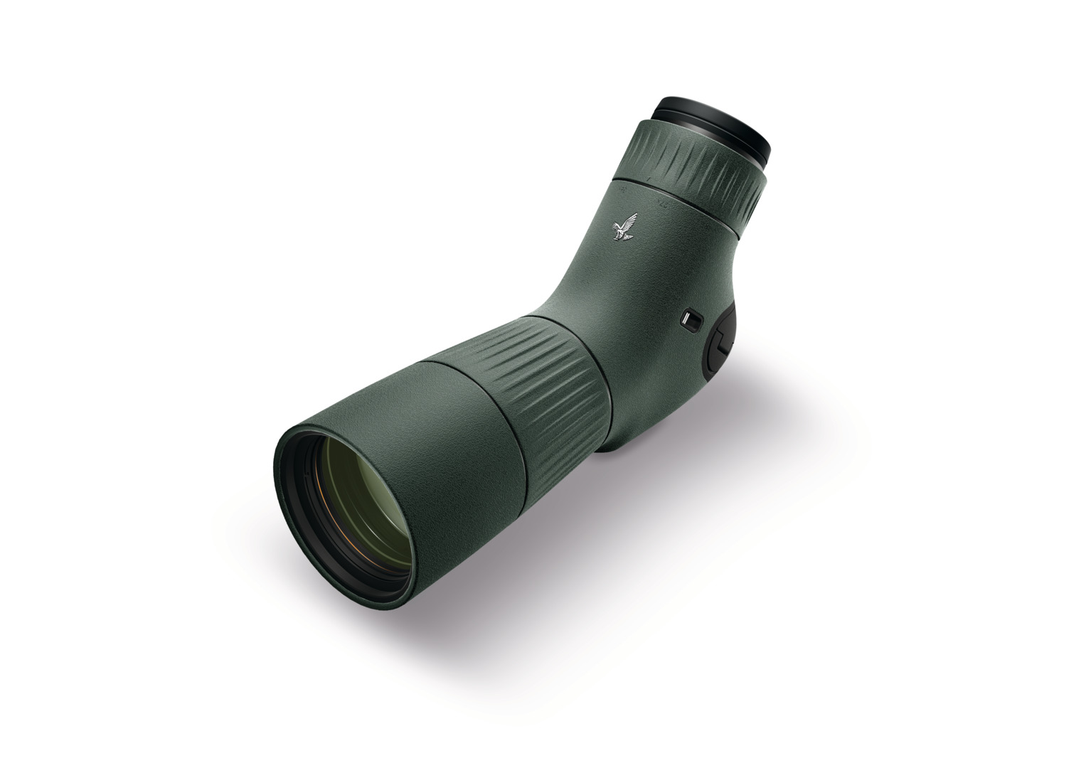 Olive green rifle scope lying diagonally, objective lens on the left and eyepiece on the right