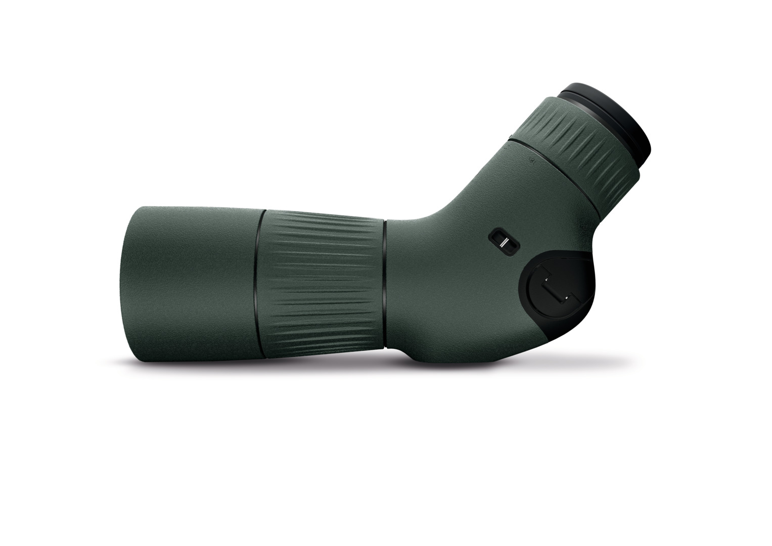 Green and black angled telescope eyepiece with a textured grip, isolated on white background.
