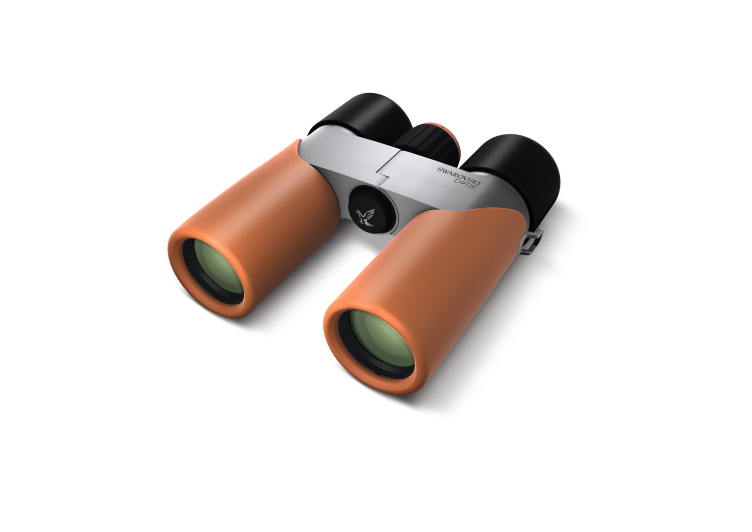 Orange binoculars with black eyepieces and a silver central hinge labeled Swarovski Optik.