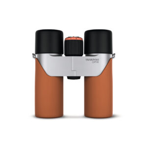 Swarovski Optik binoculars with brown leather grips and black eyepieces on a white background.