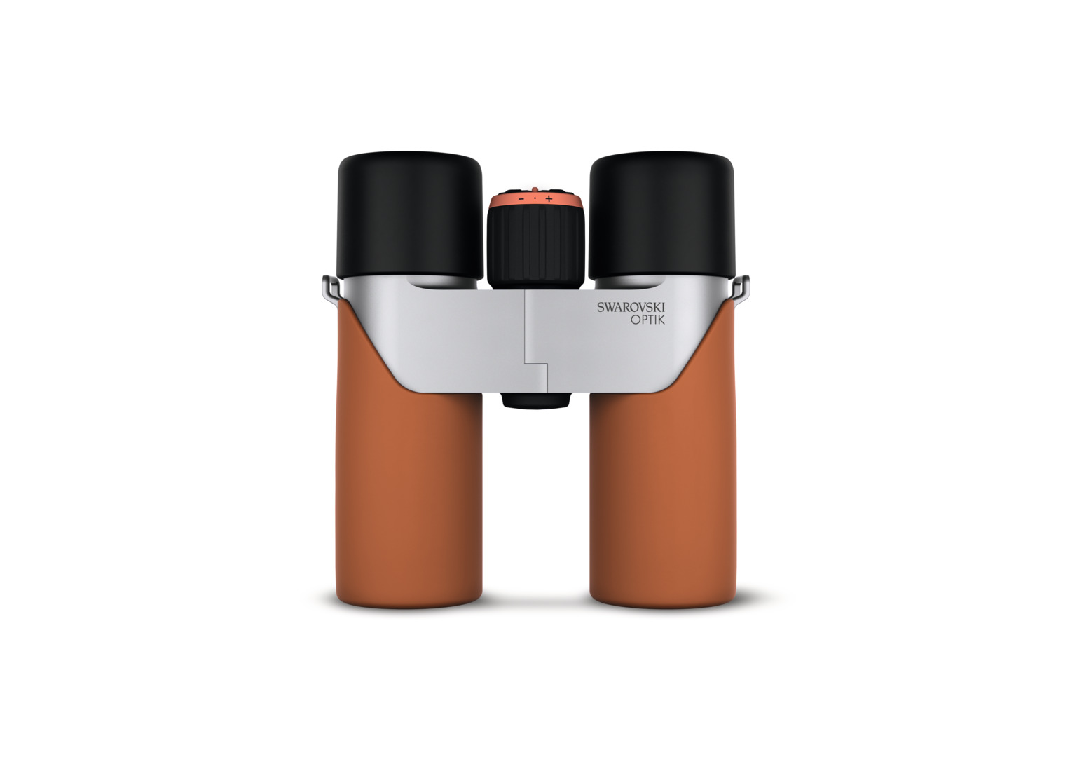 Swarovski Optik binoculars with brown leather grips and black eyepieces on a white background.