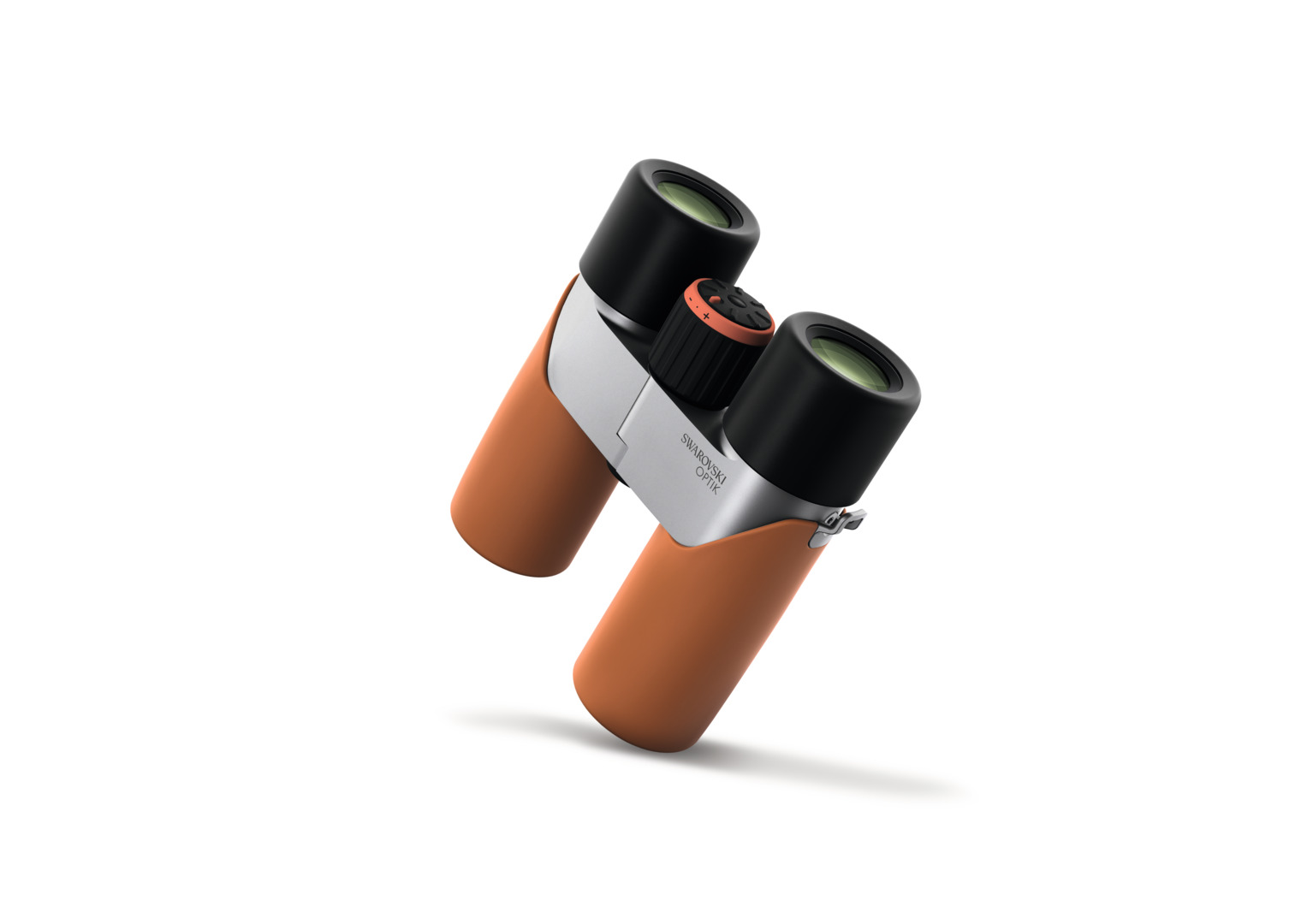 Swarovski binoculars with orange rubber-coated barrels and black eyepieces, tilted diagonally.
