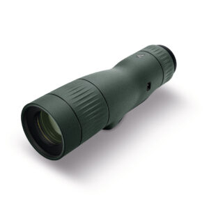 Green monocular spotting scope with textured grip and eyepiece on the right, shown at an angle.
