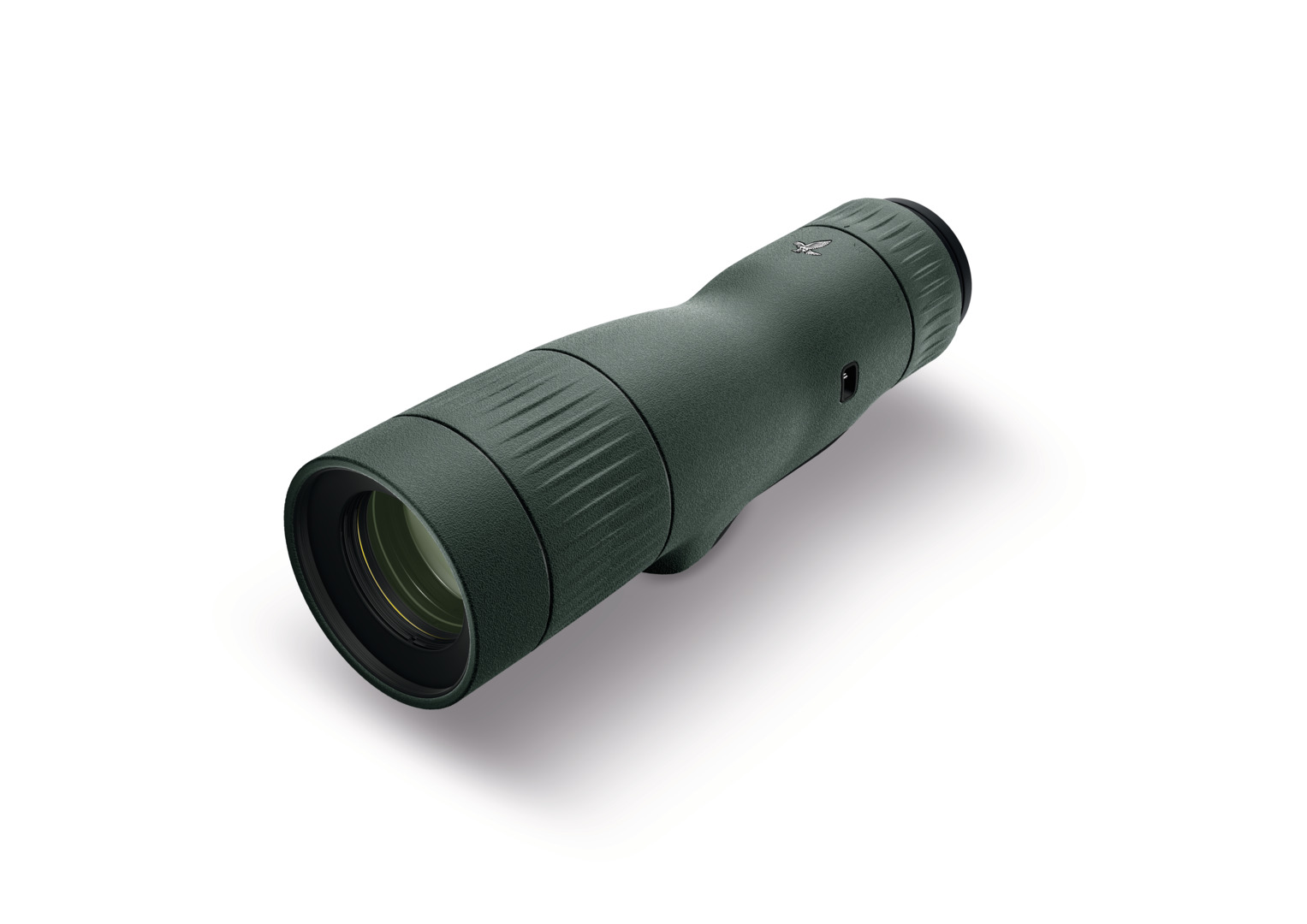 Green monocular spotting scope with textured grip and eyepiece on the right, shown at an angle.
