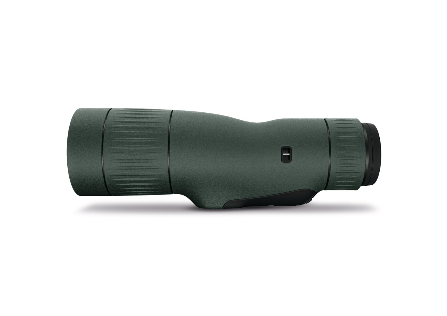 Olive-green handheld monocular telescope with textured grip and focus wheel on a white background.